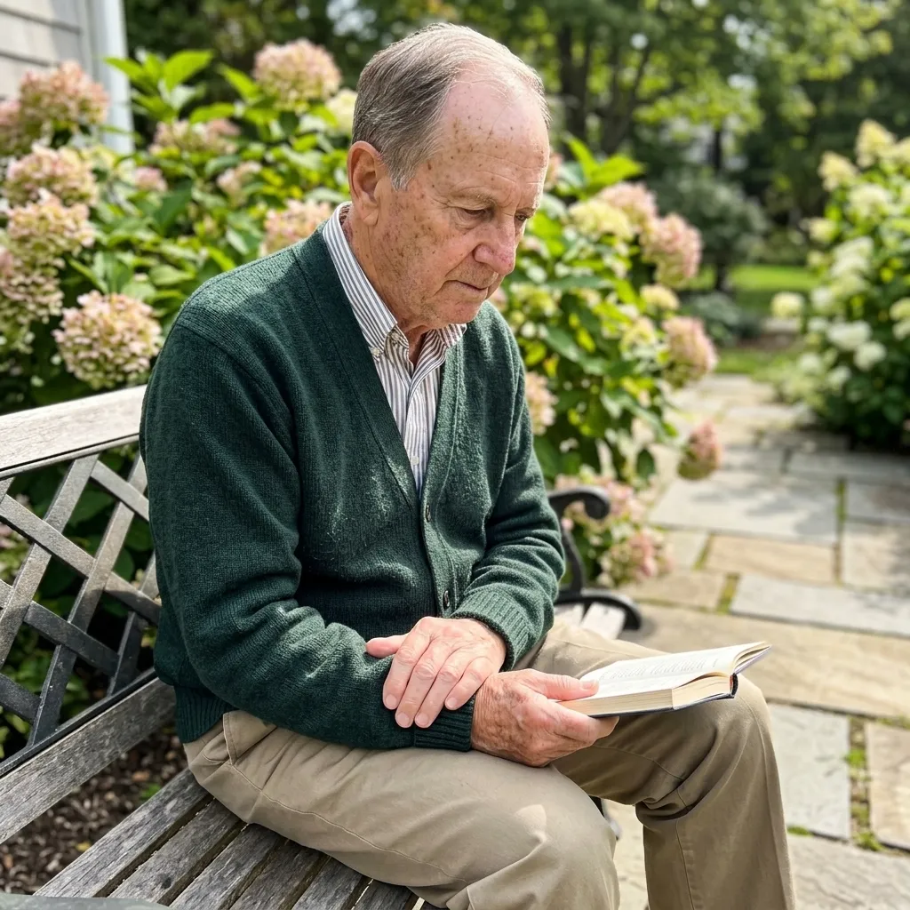 Older man reading a book on a garden bench surrounded by hydrangeas