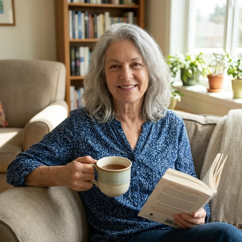 Smiling woman in her sixties reading a book with a cup of tea at home