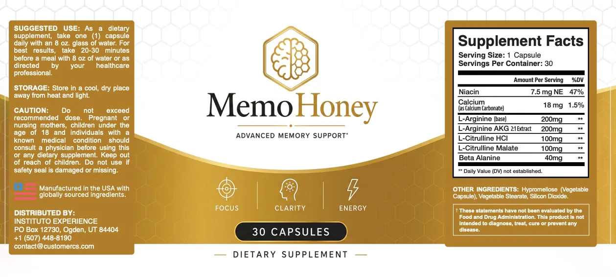 Full MemoHoney bottle label showing suggested use, cautions and Supplement Facts panel